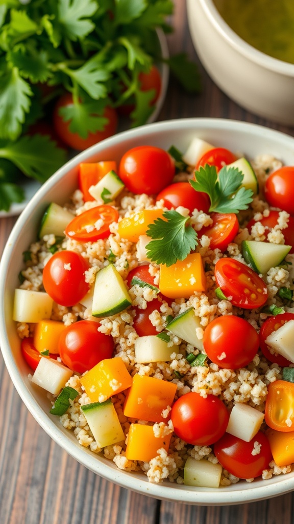 A colorful quinoa salad with vegetables and parsley on a rustic table.